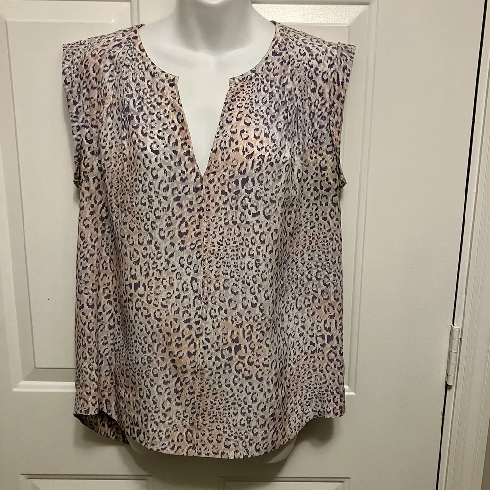 Rebecca Taylor 8 Medium 100% Silk Leopard Print Blouse Pink Gray Animal V Neck